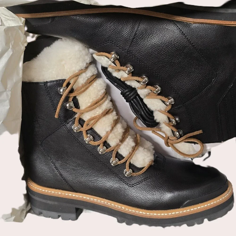 M LIZZIE Black Multi Leather Shearling Hiking Boots Size 9M - Picture 2 of 10